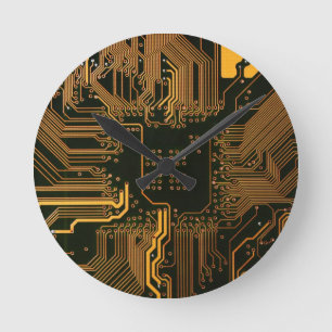Horloge Ronde Carte cool de circuit informatique Orange