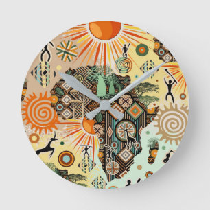 Horloge Ronde Carte d'Afrique Éléments Tribaux Décoratifs Motif