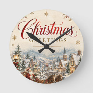 Horloge Ronde Carte de Noël vintage de Père Noël style de vacanc