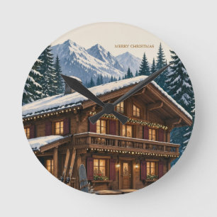 Horloge Ronde Carte de vœux de Noël Chalet alpin hivernal enneig
