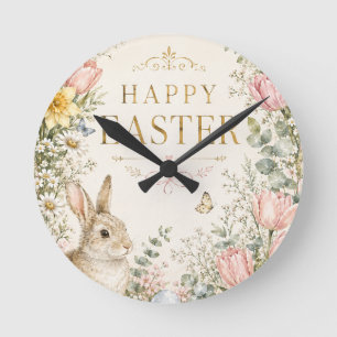 Horloge Ronde Carte de vœux de Pâques lapin aquarelle, Pastel
