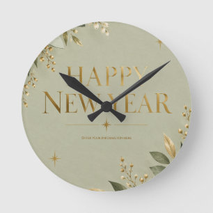 Horloge Ronde Carte de vœux élégante de Nouvel An Sage et Or