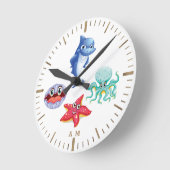 Horloge Ronde Cartoon mignon Requin Octopus Starfish Shell Monog (Angle)
