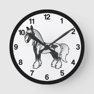 Horloge Ronde Cartoon noir Piebald Gypsy Vanner Cheval Shire