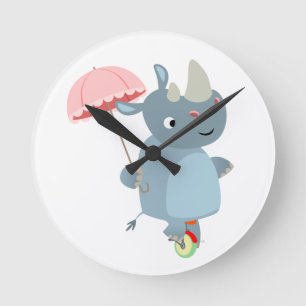 Horloge Ronde Cartoon Rhino avec parapluie sur monocycle mural