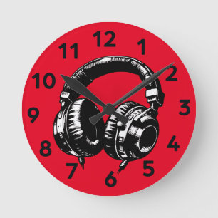 Horloge Ronde Casque Audio Musique Noir DJ 