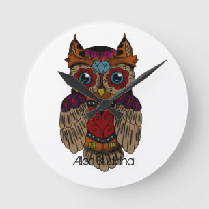 Horloge Ronde Casquette de hibou de crâne de sucre