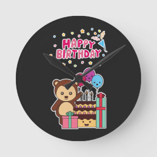 Horloge Ronde Célébration d'anniversaire d'ours mignon - Dessin