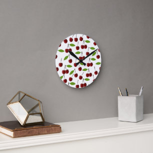 Horloge Ronde Cerise Rouge, Motif De Cerises, Feuilles, Fruits