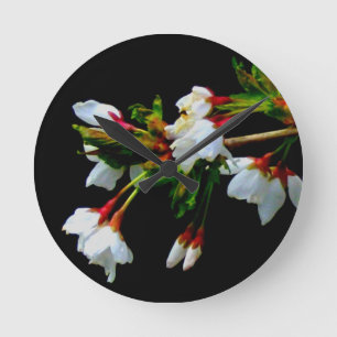 Horloge Ronde Cerisiers en fleurs minimalistes noir et blanc