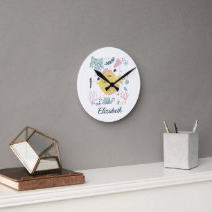 Horloge Ronde Chambre de nurserie océan mer poisson rose jaune p