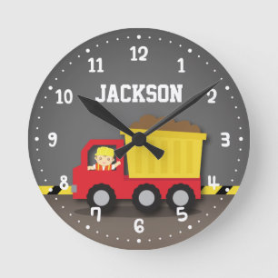 Horloge Ronde Chambre Décoration Garçons Camion à benne Construc
