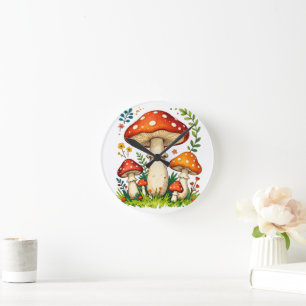 Horloge Ronde Champignons sauvages et fleurs dans la nature de l