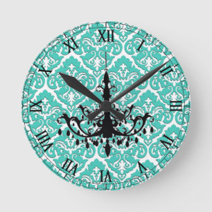 Horloge Ronde Chandelier turquoise Damas noir