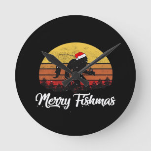Horloge Ronde Chapeau de Noël de Santa Bigfoot Joyeux Fishmas Vi