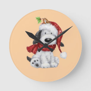Horloge Ronde Charmant chien de Noël avec chapeau de Père Noël &