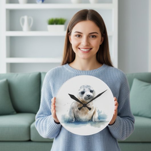 Horloge Ronde Charmant chiot phoque à l'aquarelle