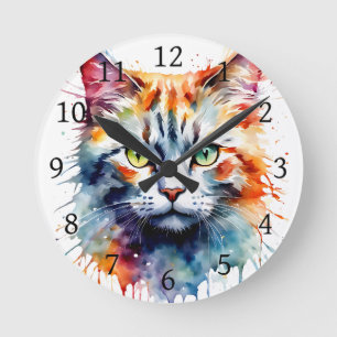 Horloge Ronde Chat à l'aquarelle multicolore splash art