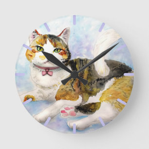 Horloge Ronde Chat aquarelle