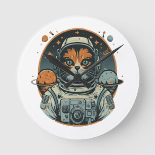 Horloge Ronde Chat-astronaute sur les astéroïdes