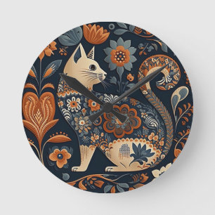 Horloge Ronde Chat d'art populaire avec des fleurs orange et gri