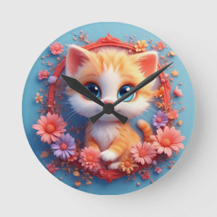 Horloge Ronde Chat de dessin animé adorable entouré de fleurs co