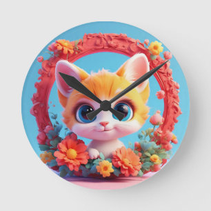 Horloge Ronde Chat de dessin animé adorable entouré de fleurs co