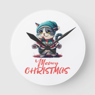 Horloge Ronde Chat de Noël