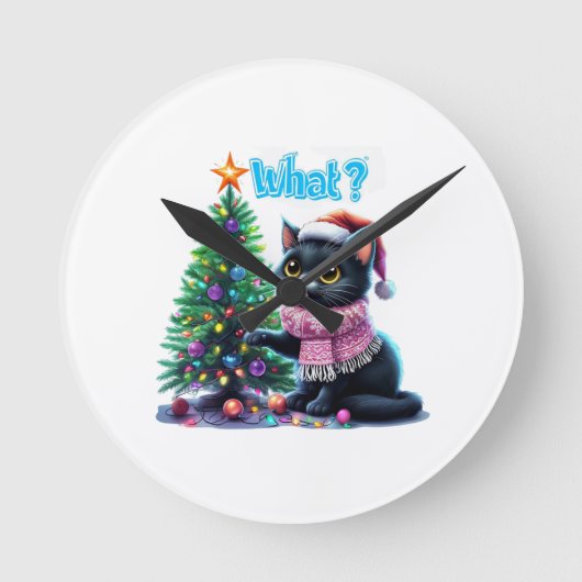 Horloge Ronde Chat de Noël amusant Avec Sticker Arbre (Recto)