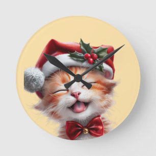 Horloge Ronde Chat de Noël mignon avec chapeau de Père Noël et C