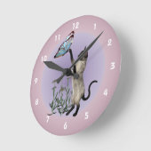 Horloge Ronde Chat de Siamese avec Bleu Papillon Animal (Angle)
