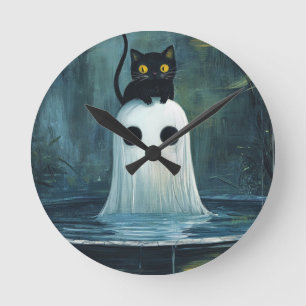 Horloge Ronde Chat d'Halloween et fantôme dans la piscine