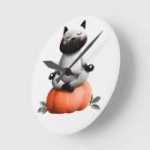 Horloge Ronde Chat d'Halloween sur le design Citrouille (Angle)