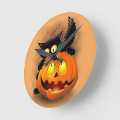 Horloge Ronde Chat Fun Halloween Caractère mordant un Citrouille (Angle)