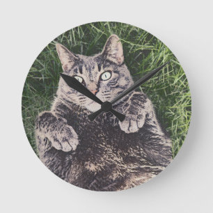 Horloge Ronde chat gris allongé dans l'herbe art numérique