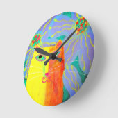 Horloge Ronde Chat jaune avec fleurs Art Abstrait (Angle)
