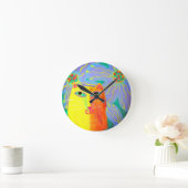 Horloge Ronde Chat jaune avec fleurs Art Abstrait (Maison)