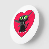 Horloge Ronde Chat noir dans le coeur rouge (Angle)