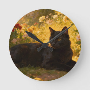 Horloge Ronde Chat noir dans les fleurs I