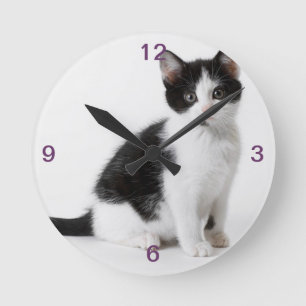 Horloge Ronde Chat noir et blanc de chaton velu drôle mignon