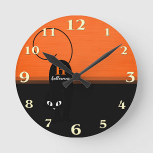 Horloge Ronde Chat noir orange Halloween bicolore