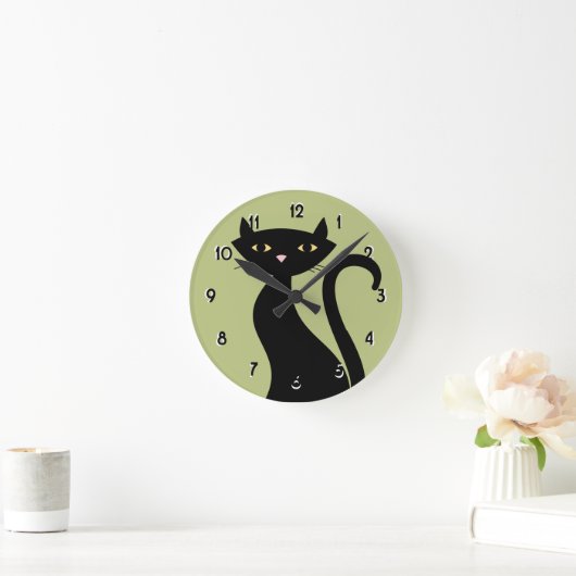 Horloge Ronde Chat noir rétro (Maison)