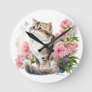 HORLOGE RONDE CHAT PERSIEN DE COULEUR D'EAU AVEC FLEURS ROSES