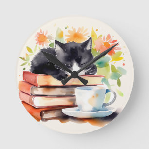 Horloge Ronde Chat Relaxant confortable en Aquarelle