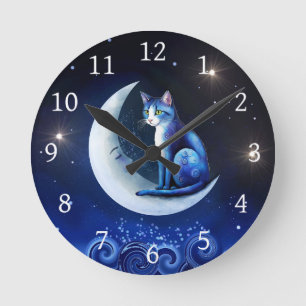 Horloge Ronde Chat sur Crescent Moon bleu Chat 773