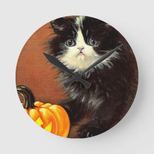 Horloge Ronde Chaton d'Halloween noir et blanc vintage