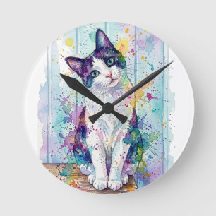 Horloge Ronde Chaton Smoking Tuxedo Multicolore Aquarelle Pos