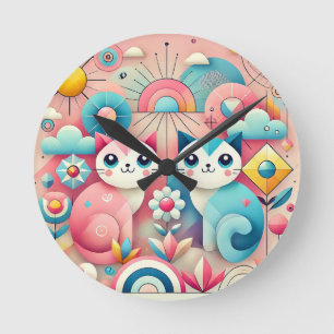 Horloge Ronde Chats de dessin animé mignons dans un décor nature