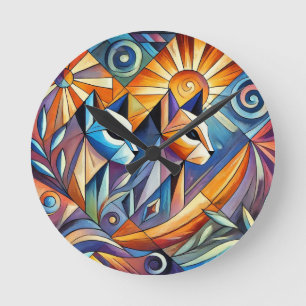 Horloge Ronde Chats géométriques abstraits aux couleurs vives