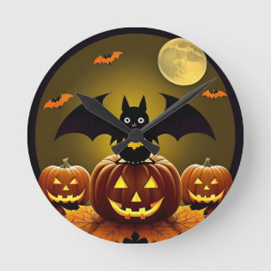 Horloge Ronde Chauve-souris de dessin animé et citrouilles sous